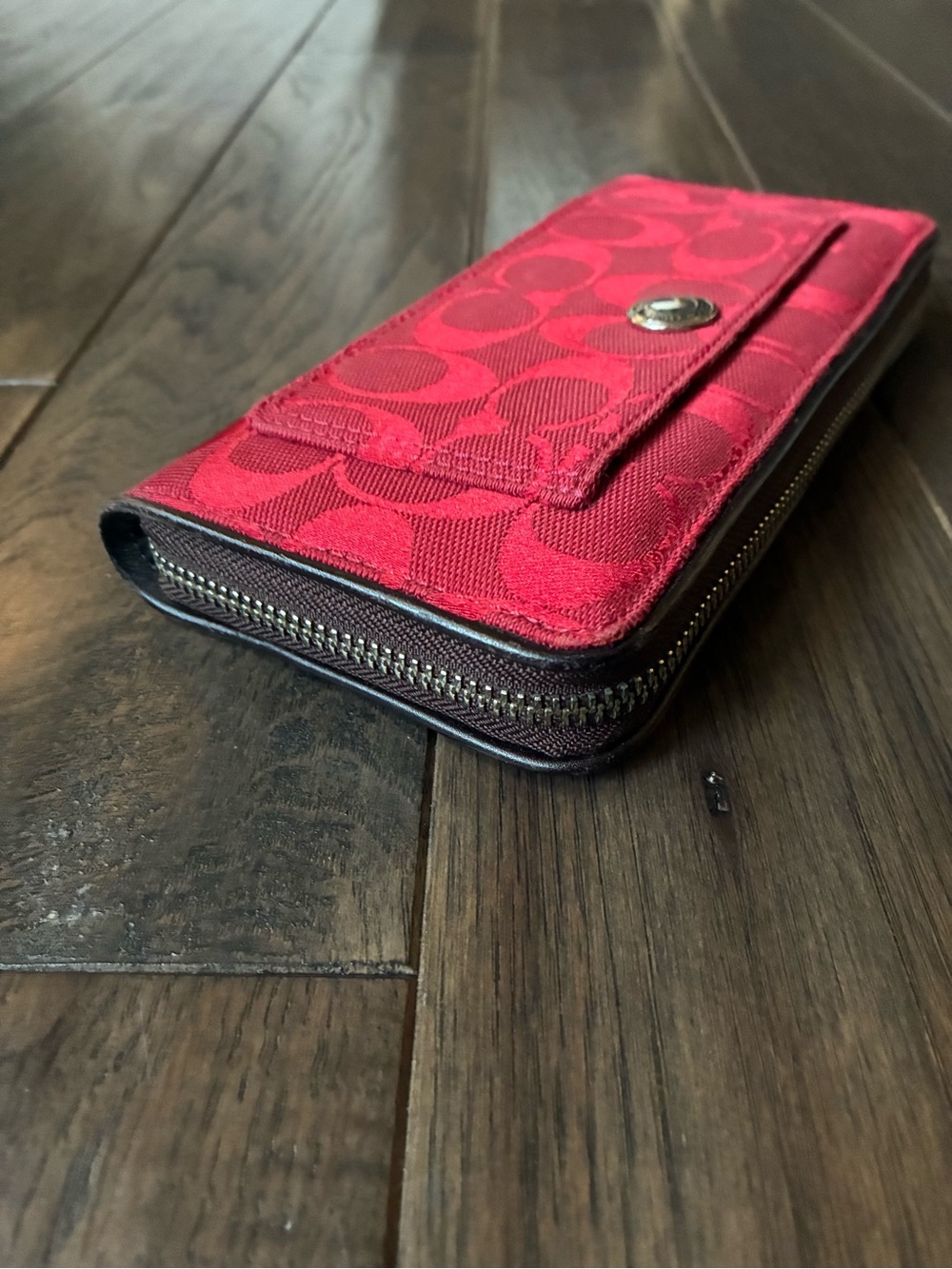 Coach Signature Jacquard Red Zip Around Wallet Leather Trim - Picture 10 of 15